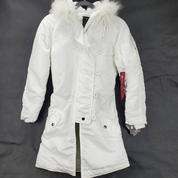 Alpha Industries White Parka Ski Coat Faux Fur Hood Gorpcore Thigh Length Jacket - Picture 2 of 10